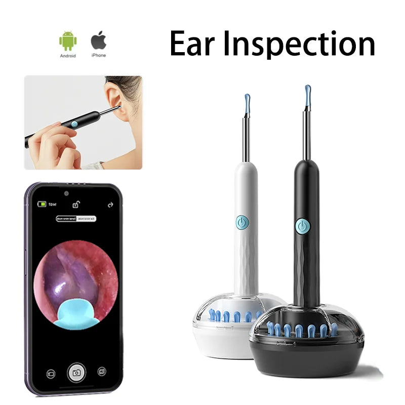 Ear inspection tool with smartphone app displaying ear view, suitable for Android and iPhone.